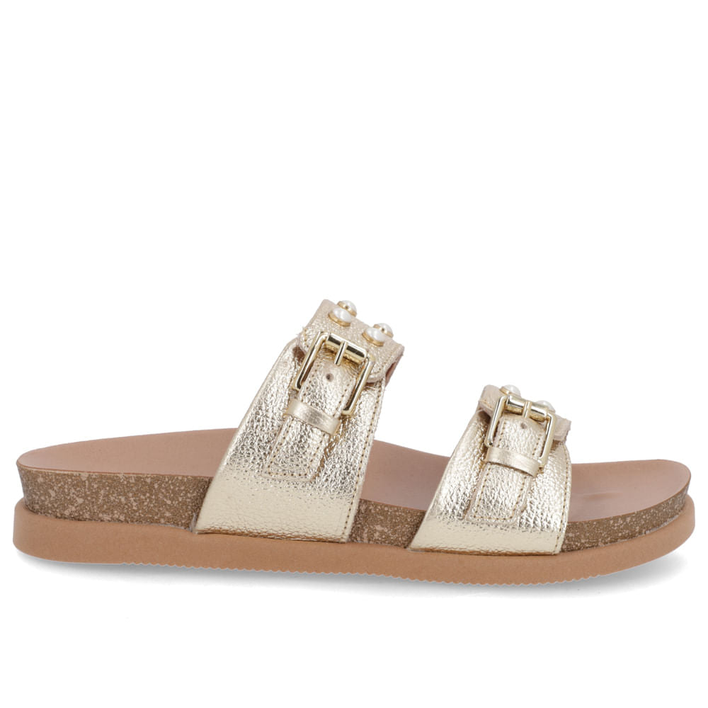 Slide Birken Dourado Couro Floter com Fivela e Enfeite Elegante